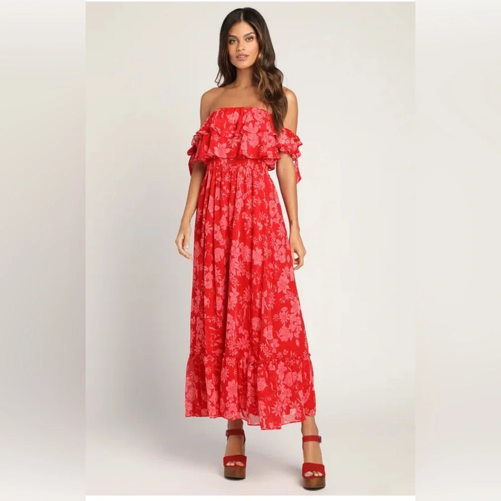 Lulus Red Floral Ruffle Maxi Dress - Picture 3 of 5